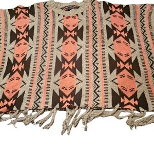 Soho Apparel Coral, Brown & Cream Southwestern Poncho Sweater